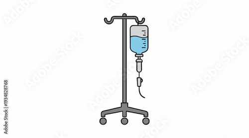 Medical IV Drip Stand with Bag of Blue Fluid and Tubing Isolated on White Background for Healthcare and Treatment Concepts
