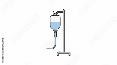 Medical Infusion Drip Bag on Stand with Blue Liquid and Tube Isolated on White Background