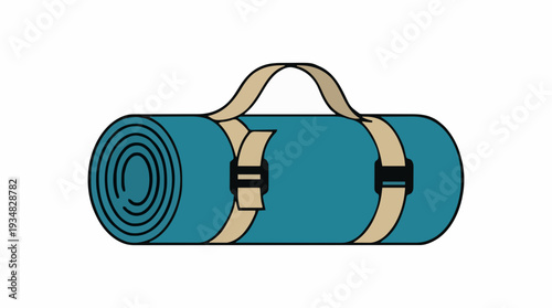 Rolled Teal Sleeping Mat with Tan Straps and Buckles Isolated on White Background