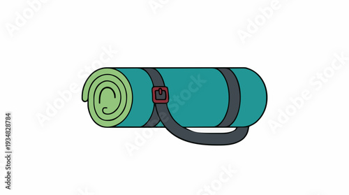 Rolled Teal Sleeping Mat with Green Interior Secured by Straps and Buckle Isolated on White Background
