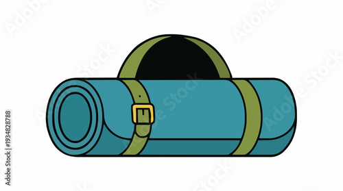 Rolled up camping mat with green straps and buckle isolated on white background detailed illustration