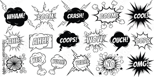 Black and White Comic Book Speech Bubble Set with Action Sound Effects and Onomatopoeia Words for Pop Art Designs, Social Media Graphics, and Manga Illustrations