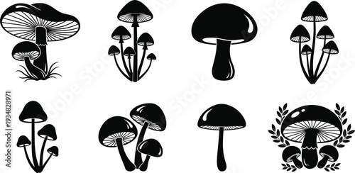 Black Mushroom Silhouette Collection with Forest Fungi, Toadstool Shapes, Botanical Elements, and Nature Inspired Vector Illustration Set