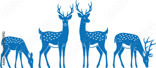 Blue Deer Silhouette Set with Standing and Grazing Stag and Doe Figures Isolated on White Background for Wildlife Nature Vector Design