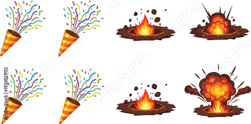 Cartoon Explosion and Party Popper Confetti Vector Set with Fire Blast Effects, Comic Boom Elements and Celebration Illustration Collection