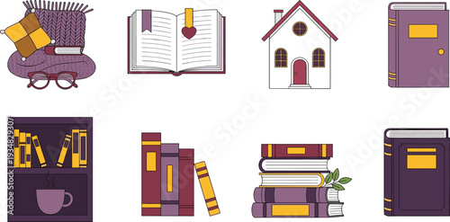 Cozy Reading and Book Lover Icon Set with Books, Library Shelf, Open Novel, Glasses, Blanket, and Home Elements for Literature Design