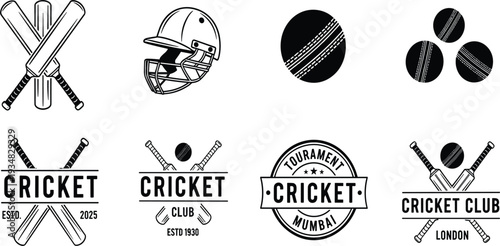 Cricket Sport Logo and Badge Collection with Bats Ball Helmet and Club Emblems for Tournament Branding Team Identity and Vector Design Set