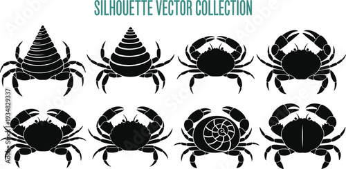 Crab Silhouette Vector Collection with Different Sea Crab Shapes and Shell Variations Isolated on Light Background for Marine Design