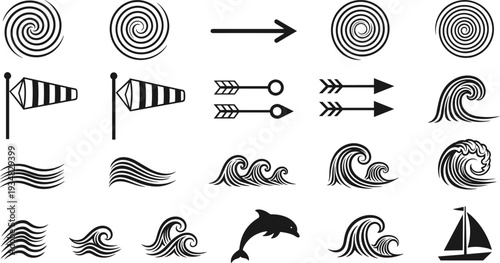 Black vector icons of ocean waves, wind socks, spirals, arrows, dolphin and sailboat silhouettes set isolated on white background, nautical.