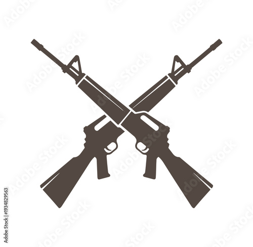 Two rifles crossed over each other in brown color on white background