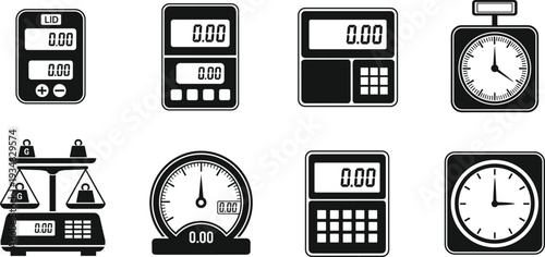 Black vector icons of digital scales, kitchen balances and analog clocks, precision measurement tools collection isolated on white background, time.