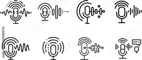 Set of microphone icons with sound wave and audio signal elements