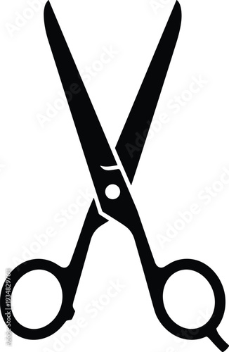 Black vector silhouette of sharp open scissors, professional barber shears and tailoring tool icon, isolated on a plain white background.