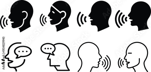 Set of icons depicting human heads with sound waves, symbolizing speech and communication