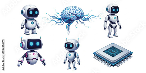 Cute AI Robot Characters and Artificial Intelligence Brain with Microchip Vector Set for Technology, Automation and Future Innovation Design