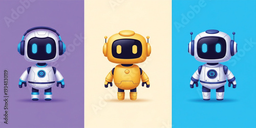 Cute AI Robot Mascot Collection with Different Color Variations for Chatbot, Artificial Intelligence and Technology Branding Design