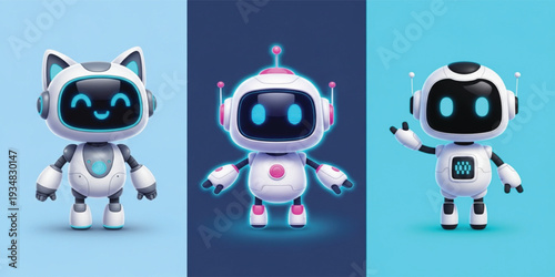Cute AI Robot Mascot Set with Different Futuristic Chatbot Characters for Artificial Intelligence, Technology Branding and Digital Assistant Design