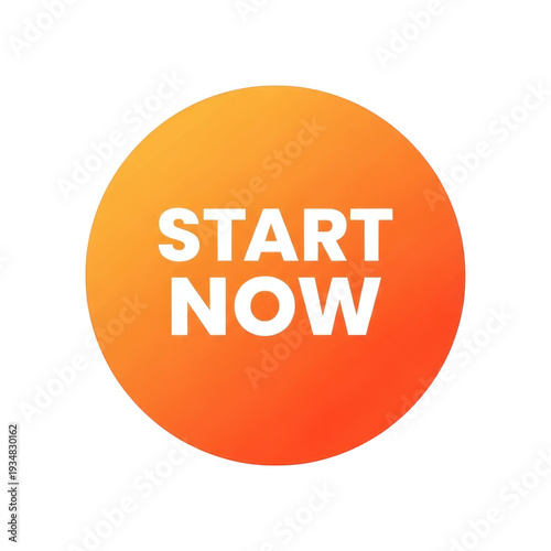 A circular orange button with a call to action isolated on white background