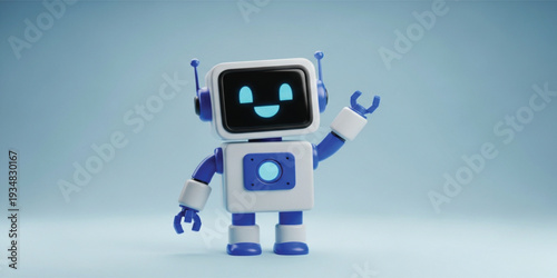 Cute AI Robot Mascot Waving Hand 3D Character Illustration for Artificial Intelligence, Chatbot Assistant and Technology Branding