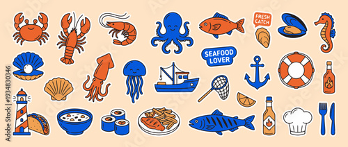 Seafood Illustration: A vibrant illustration showcasing a colorful array of fresh seafood, capturing the essence of the ocean's bounty.