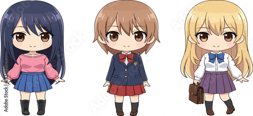 Cute Anime Schoolgirl Character Set with Different Hairstyles and Uniforms for Manga Education Design Stickers Mascots and Kawaii Vector Illustration