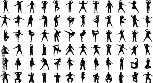 Black vector silhouettes of people in active poses, yoga, stretching and athletic exercises, large group of figures isolated on white.
