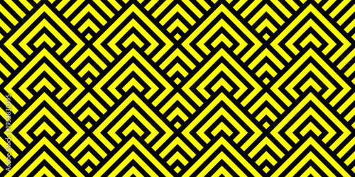 Vibrant seamless pattern with yellow and black nested chevron shapes in a bold art deco style