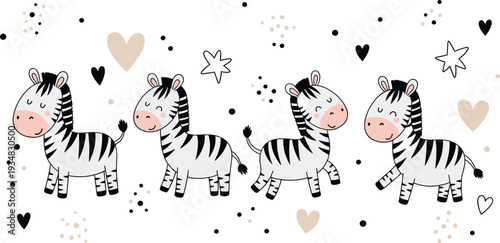 Cute Baby Zebra Character Set with Cartoon Safari Animals Hearts and Stars for Nursery Decor Kids Birthday Invitations and Childrens Textile Designs