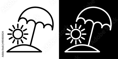 Beach icon in outline style showing palm tree and sun, representing summer vacation, seaside relaxation, tropical travel, holidays and coastal lifestyle.