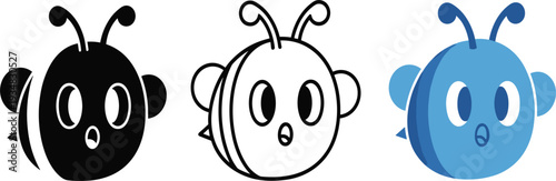 Cute Bee Character Icon Set in Black White and Blue Styles for Nature Education Kids Brand Identity and Honey Product Packaging Graphic Design Projects