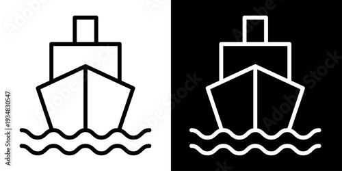 Cruise ship icon representing ocean travel, sea tourism, passenger liner, vacation cruise trips and maritime transportation.