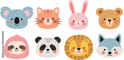 Cute Cartoon Animal Face Icon Set with Bear, Cat, Bunny, Panda, Lion, Koala, and Fox Characters for Kids Design, Nursery Prints, Stickers, and Branding