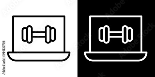 Workout icon with laptop and dumbbell in outline style representing online fitness training, virtual gym classes and exercise app UI design.