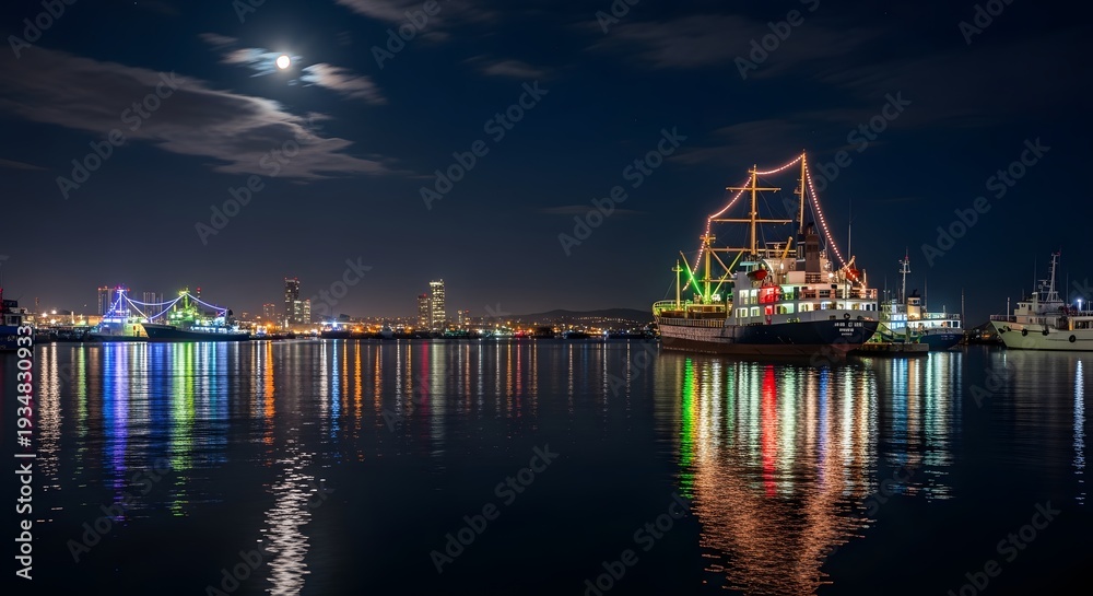 Fototapeta premium Illuminated Tall Ship Docked at Night with City Lights Reflected in Water.