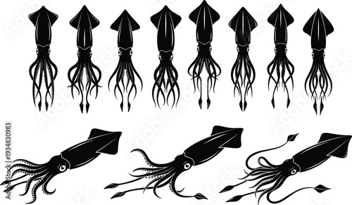 Giant squid silhouette vector set, calamari and cephalopod icons isolated on white, deep sea creature graphics, marine life animal silhouettes,