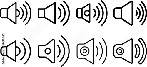 Set of speaker icons with sound waves, symbolizing volume and audio output