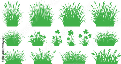 Green vector silhouettes of grass tufts, meadow weeds and clover plants collection, nature landscape elements isolated on white background, summer.