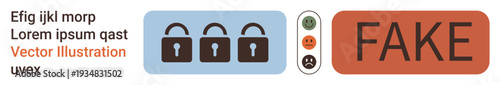 Cybersecurity, online authentication, misinformation, digital access, identity verification, fraud prevention. Three padlocks and a fake alert text. Cybersecurity and online authentication concept