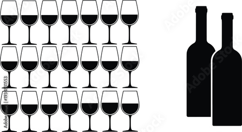 Red wine glass and bottle silhouette vector set, alcoholic beverage icons isolated on white, bar and restaurant menu design elements,