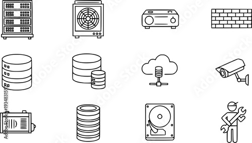 Data center icons set. Outline set of data center vector icons for web design isolated on white background