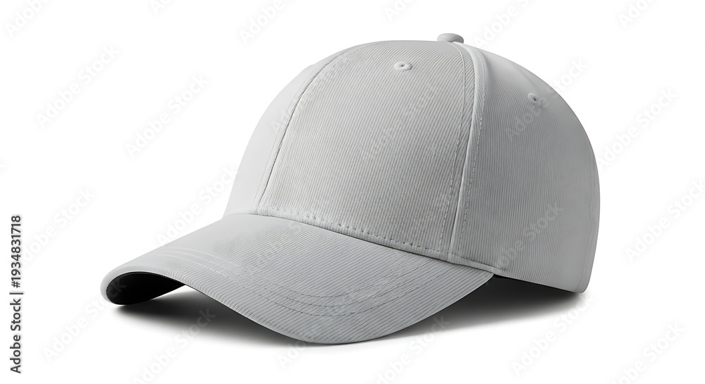 Fototapeta premium A white baseball cap with a curved brim is positioned on a plain surface