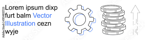 Economic growth, development, innovation, technology advancement, business operations, productivity. Gear, coin stack upward arrow. Economic growth and technology advancement concept