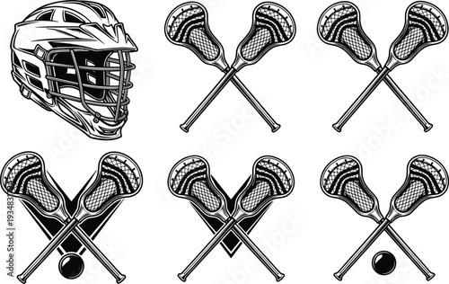 Set of black and white lacrosse vector illustrations, lacrosse helmet, crossed lacrosse sticks, sports equipment icons, and ball for design Set of black and white lacrosse vector illustrations,