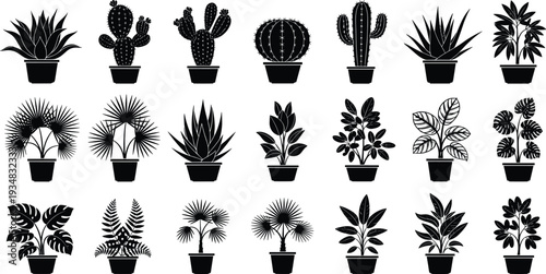 Set of black vector potted plant silhouettes, indoor houseplant icons, variety of cacti and succulents, tropical leaf illustrations for design