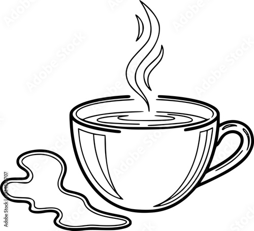 Classic black and white line drawing of a steaming cup of hot coffee and spilled liquid evoking comfort and warmth for cafe branding or recipe books