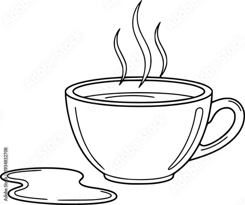 Classic black and white line drawing of a steaming cup of hot coffee and spilled liquid evoking comfort and warmth for cafe branding or recipe books
