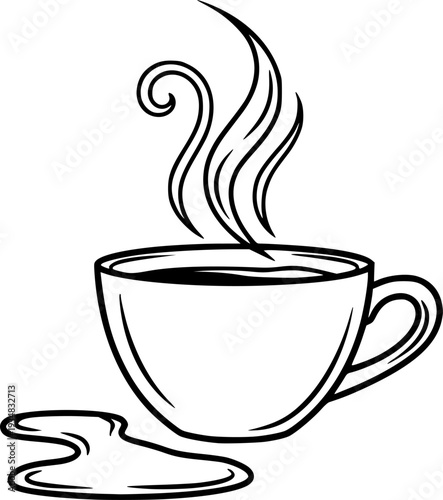 Classic black and white line drawing of a steaming cup of hot coffee and spilled liquid evoking comfort and warmth for cafe branding or recipe books
