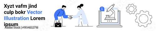 Business collaboration, scientific research, innovation, technology development, industrial process, data sharing. Two people shaking hands, microscope gears. Business collaboration and scientific