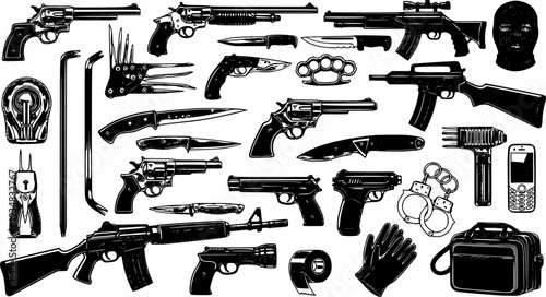 A comprehensive collection of dangerous weapons, tools, and criminal items provides a striking visual resource for crimerelated concepts, security awareness, and legal themes
