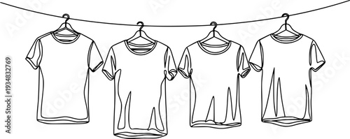 Continuous line drawing of four tshirts hanging on clothes hangers from a clothesline